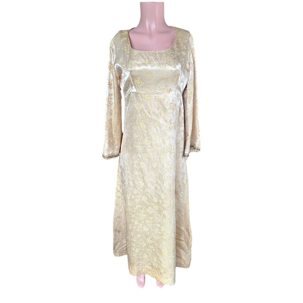 Vintage Gold Brocade Long Sleeve Empire Waist Maxi Dress